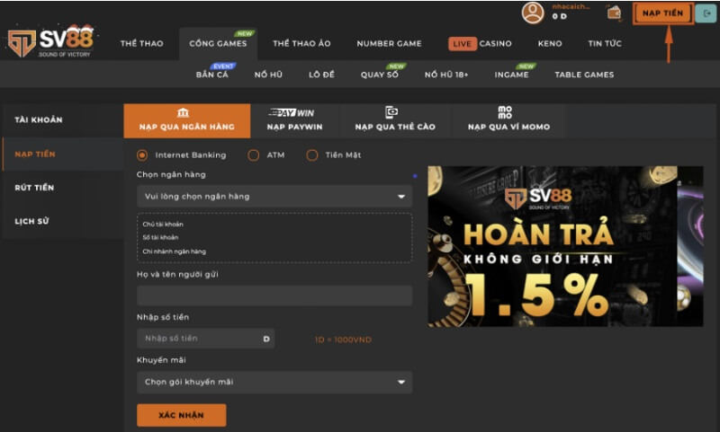 SV88 - Chơi cá cược bóng đá siêu hot tại thị trường Việt Nam - Update 2025 7 Hướng dẫn thao tác nạp tiền tại SV88 cho người mới